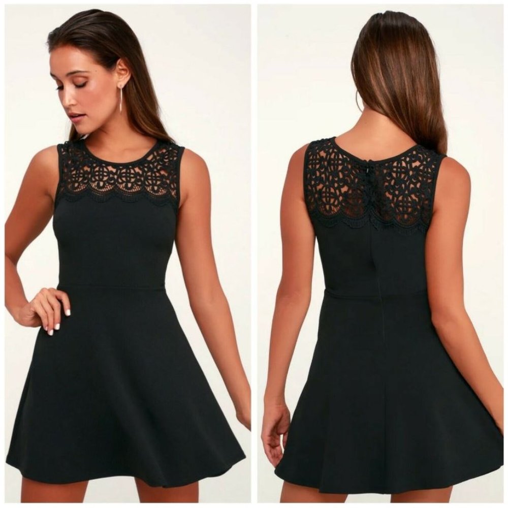 Lulu's "According to Love" Black Lace Skater Dress